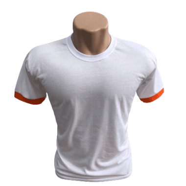 Camiseta Poliéster Branca c/ detalhe na manga laranja - LINHA PREMIUM