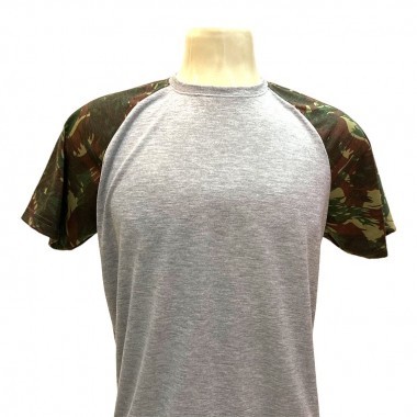 Camiseta Raglan Cinza mescla Manga Camuflada Exército sublimática