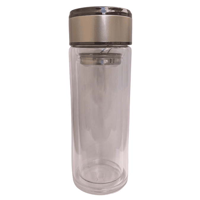 Garrafa de Vidro Parede Dupla p/ Sublimação com Infusor de chá Inox e Tampa Dourada Pérola - 300ml